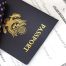 US passport with a flag. Immigration and naturalization document applying for citizenship